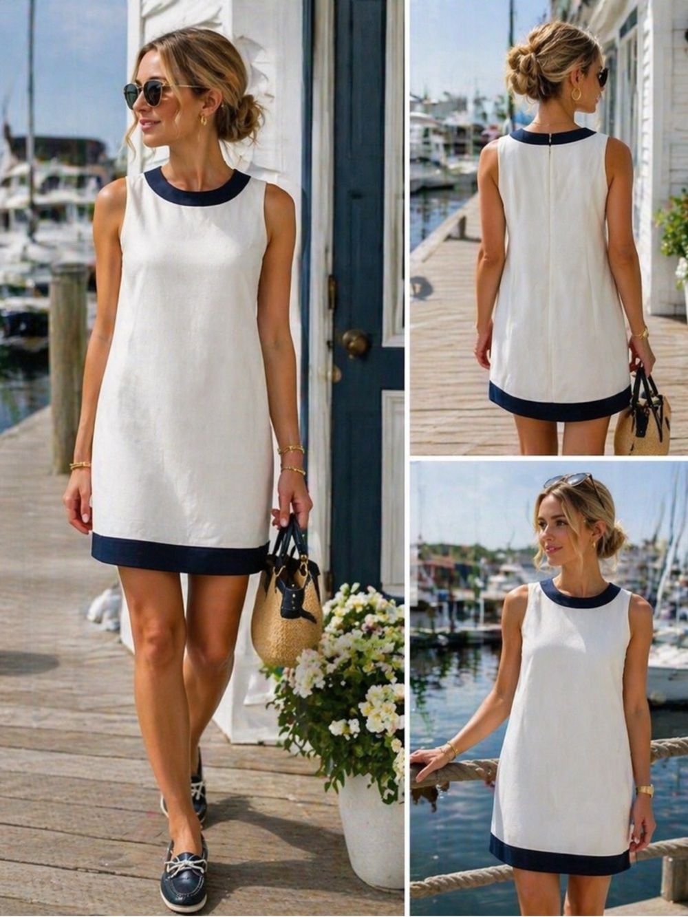 Vineyard Vines White Sleeveless Shift Dress with Navy Trim